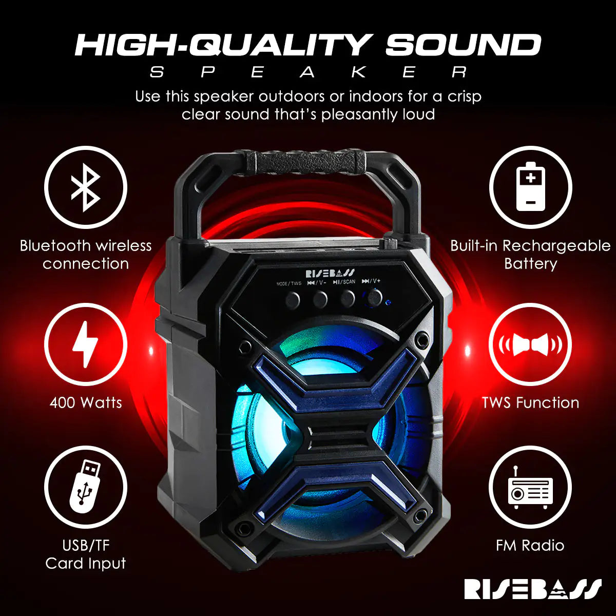 Risebass Portable Wireless RGB Party Bluetooth Speaker
